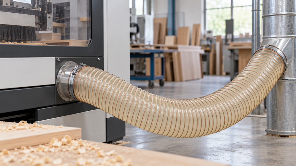 PVC-Schlauch mit Schlauchschelle am Metallstutzen einer Lüftungsanlage